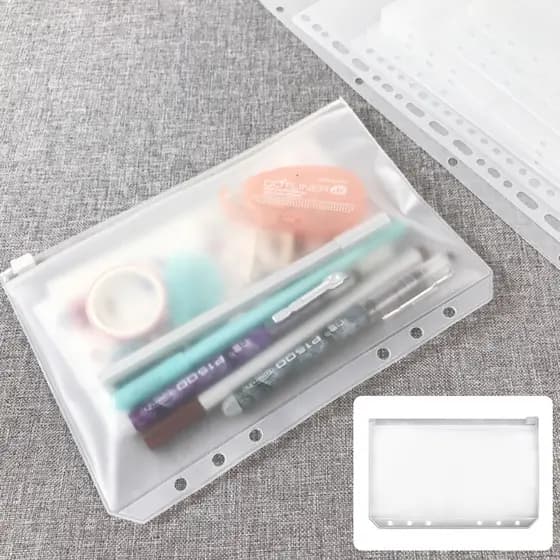 Práticas Pastas de Argolas com Zíper Transparente em PVC A5 A6 A7, com Bolsos para Cadernos de 6 Argolas e Relatórios.