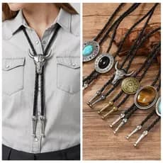 Colar turquesa, estilo cowboy ocidental, feito de material prateado, com um pingente de metal e cordão de couro vintage.