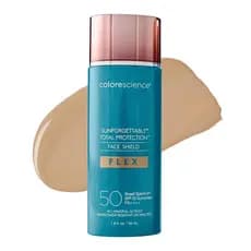 ColorescienceFLEXTintedMineralSunscreenSPF50, adaptável à cor e pode ser aplicado em camadas para efeito de corretivo, c