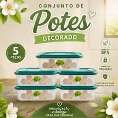 Kit 5 Potes Decorados 1 Litro com Flor Branca | Pote Plástico Organizador com Tampa | Pote Mantimentos 1L Decorado