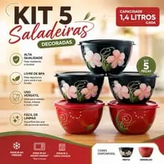 Kit 5 Saladeiras Decoradas 1,4L com Tampa | Pote Multiuso BPA Free | 17x10cm | Ideal para Saladas e Alimentos