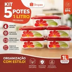 Kit 5 Potes Plásticos 1 Litro Decorado Com Tampa Hermética Para Micro-ondas Geladeira E Lava-Louças Livre De BPA