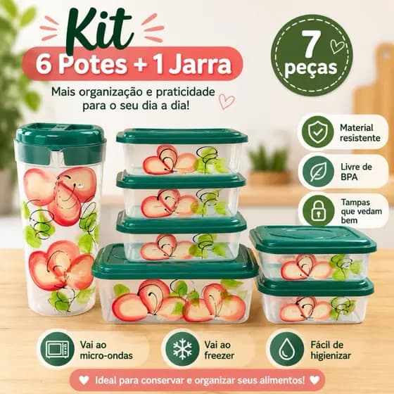 Kit Potes  Decorados 7 Peças 6 Potes +  1 Jarra 1,8L Plástico Livre BPA Organizador de Alimentos Micro-ondas e Freezer
