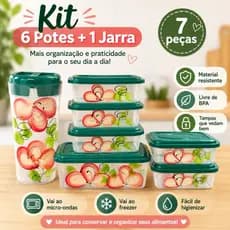 Kit Potes  Decorados 7 Peças 6 Potes +  1 Jarra 1,8L Plástico Livre BPA Organizador de Alimentos Micro-ondas e Freezer