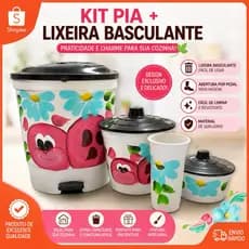 Kit Pia + Lixeira Basculante Decorada 13L Porta Detergente Porta Sabão Lixinho para Pia Pintado à Mão Plástico