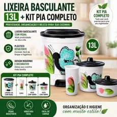 Lixeira Basculante 13L com Pedal + Kit Pia Completo 3 Peças Decorado | Kit Organizador para Cozinha borboleta
