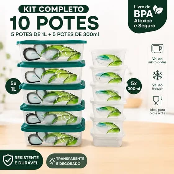 Kit 10 Potes Transparentes Decorados Flor – 5 Potes 1 Litro + 5 Potes 300ml | Plástico BPA Free para Mantimentos