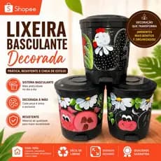 Lixeira Basculante 13L Decorada | Lixeira de Plástico Pintada à Mão | Estampa Galinha, Porco ou Vaca