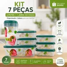 Kit 7 Peças Cozinha 6 Potes Herméticos + 1 Jarra Decorada Floral Plastico Livre de BPA (Recomendado - Completo)