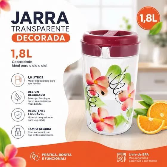 Jarra de Plástico Decorada Transparente 1,8 Litros com Tampa | Jarra Resistente para Água, Suco e Refrigerante