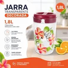 Jarra de Plástico Decorada Transparente 1,8 Litros com Tampa | Jarra Resistente para Água, Suco e Refrigerante