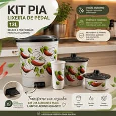 Kit Pia Decorado 4 Peças com Lixeira Pedal 13L + Porta Sabão + Porta Detergente + Lixeira de Pia | Pimenta