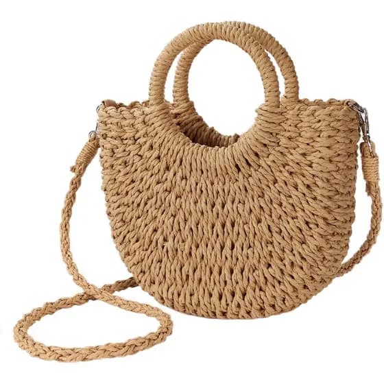 Bolsa de Praia de Palha Feminina, Bolsa Transversal Trançada, Bolsa de Ombro com Alça Superior, Bolsa de Mão para o Verã