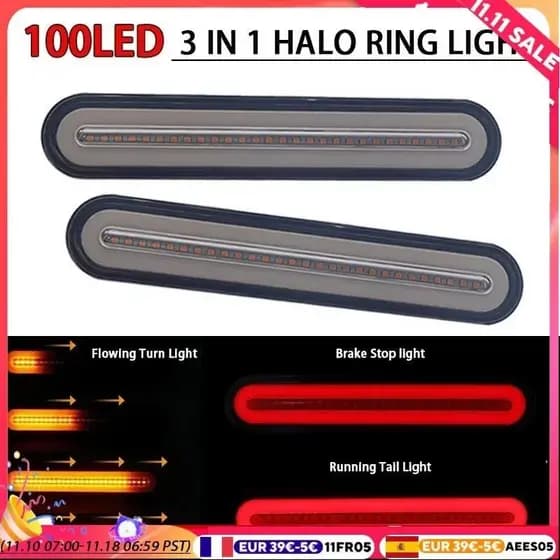 2x Luz De Freio De Caminhão De Reboque LED À Prova D'água 3 Em 1 Anel De Halo De Néon Traseira Sinalização De Fluxo Sequ