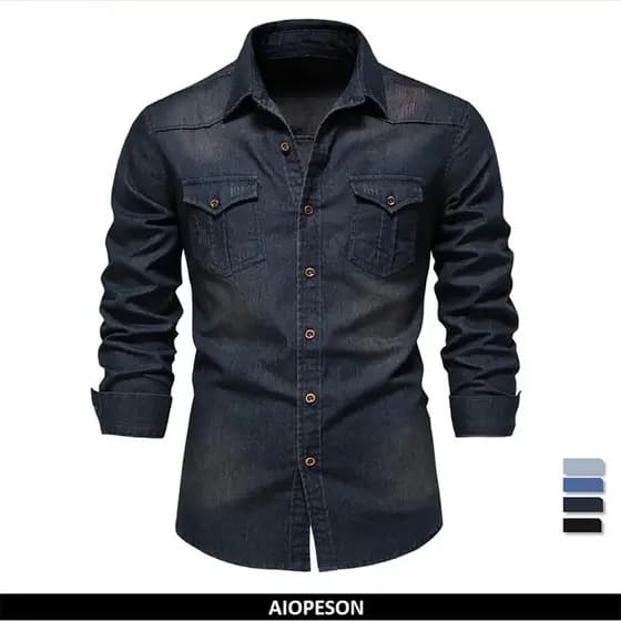 Camisa de Denim Elástica de Algodão da Marca AIOPESON para Homens, Manga Longa, Camisas de Cowboy de Qualidade para Home