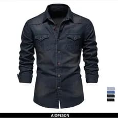 Camisa de Denim Elástica de Algodão da Marca AIOPESON para Homens, Manga Longa, Camisas de Cowboy de Qualidade para Home