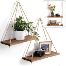 1PC Balanço De Madeira Pendurado Corda Cânhamo Prateleira Parede Montado Flutuante Casa Sala Estar Planta Vaso Flores Ba