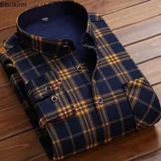 Camisas Masculinas de Inverno 2025, Manga Longa, Xadrez, Forradas com Pelo, Camisas Formais Grossas, Camisa Casual de Lã