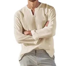 Camisa Masculina de Algodão e Linho, Confortável, Cor Sólida, Manga Longa, Respirável, Decote em V, Blusa Casual, Camisa