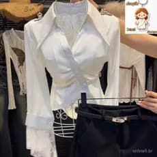 temperamento renda costura lapela camisa de manga comprida feminina High-End cintura estreita mais magro olhar chiq