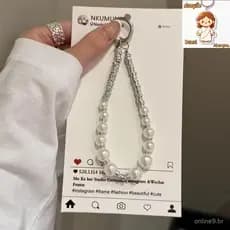 Cordão Correias Luxo 12 Pérolas com Diamante para Celular Capinha Chaveiro AntiQuedas