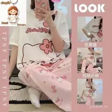 Novo Conjunto De Pijama Hello Kitty Sanrio Cartoon Japonês Estilo Verão Simples Manga Fina De Calção Caseiro