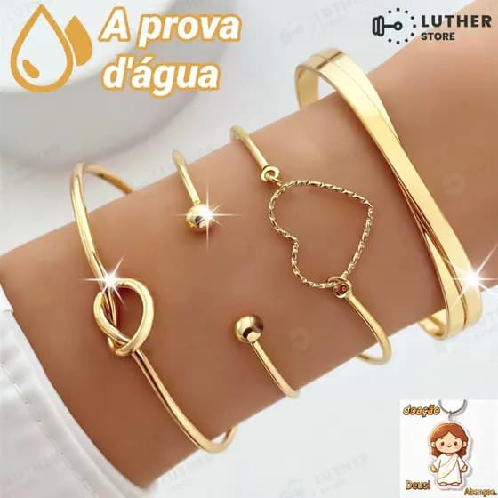 Conjunto 4 Pulseiras Ouro e Prata: Acessório Feminino Vintage, Joias Retro para Mulher - Moda Charmosa Kit 4