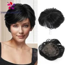 YONGWANG Topper De Cabelo Curto Feminino , Peruca De Reposição Com Franja Superior , Pedaço Ondulado Natural Fofo