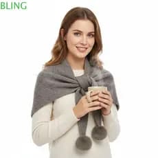 Cachecol Triangular BLING , De Malha De Lã Multifuncional Quente , Xale Feminino Macio De Bola De Cabelo Fofo Inverno