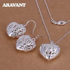 Conjunto de Joias de Noiva Aravant em Prata 925, Colar com Pingente de Coração Oco e Brincos, Joias de Casamento Feminin