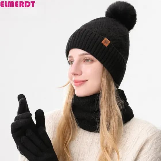ELMERDT Conjunto De 3 Peças De Luvas De Cachecol , Boné De Malha Térmica De Lã De Cor Sólida , Gorro De Inverno Grosso M