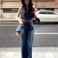 Gola Polo sem mangas Denim macacão feminino alto verão cintura estreita mais magro olhar macacão de perna larga calças c