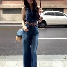 Sem mangas gola Polo Denim macacão feminino verão alta meninas cintura alta perna larga mais magro olhar macacão calças