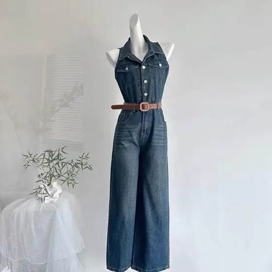 Retro lavado de uma peça calças de perna larga macacão feminino pequeno verão macacão