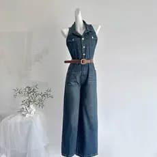 Retro lavado de uma peça calças de perna larga macacão feminino pequeno verão macacão