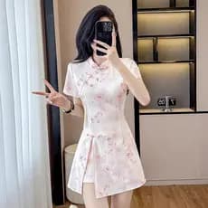 Estilo jovem novo estilo chinês melhorado Cheongsam terno feminino pequeno verão gola alta Shorts estilo nacional terno
