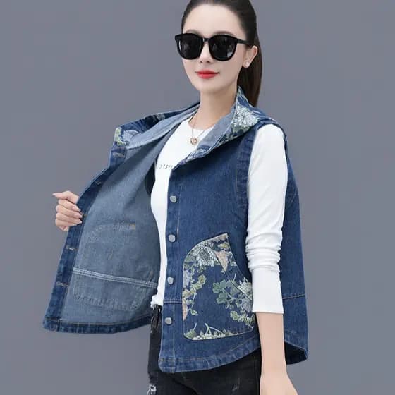 Novo estilo chinês bordado com capuz Denim colete jaqueta feminina curto primavera verão estilo chinês contraste cor sem