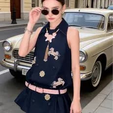 Novo estilo chinês bordado sem mangas Denim vestido feminino pequeno verão indústria pesada bordado lapela cintura estre