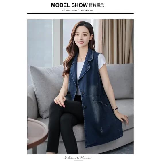Terno colarinho Denim colete jaqueta feminina de comprimento médio primavera verão outono americano Retro sem mangas col