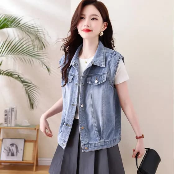 Polo polo gola pequena manga voadora Denim colete jaqueta feminina pequeno verão Retro angustiado manga voadora colete c