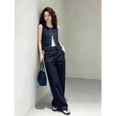 Colete sem mangas calças retas Denim terno de duas peças feminino verão colete alto calças de perna larga moda terno