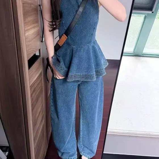 Colete de cintura estreita calças retas Denim terno de duas peças feminino verão babados topo calças de perna larga esti