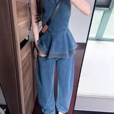 Colete de cintura estreita calças retas Denim terno de duas peças feminino verão babados topo calças de perna larga esti
