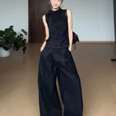 Gola alta colete calças de perna larga Denim terno feminino alto verão sem mangas colete calças compridas moda terno de