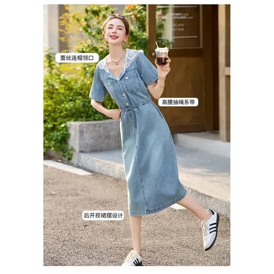 Vestido jeans feminino de manga curta com cadarço, comprimento médio, verão, cintura estreita, amarrado, saia falsa de d
