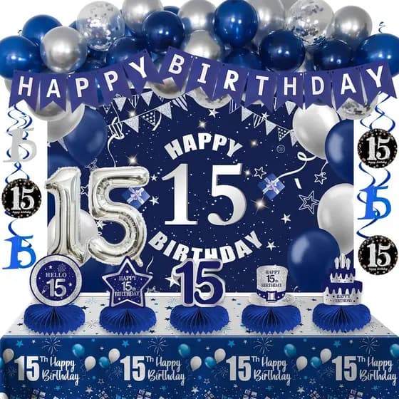 Decorações de Aniversário de 15 Anos em Azul Escuro e Prata para Meninos e Meninas, Decorações de Aniversário de 15 Anos
