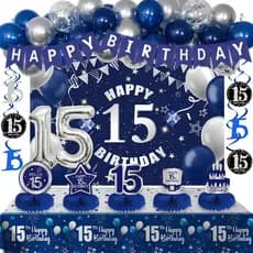 Decorações de Aniversário de 15 Anos em Azul Escuro e Prata para Meninos e Meninas, Decorações de Aniversário de 15 Anos