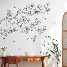Adesivo de Parede Vintage Supzopne com Ramo de Magnólia - Adesivos de Vinil com Desenho de Flores Pretas e Pássaros para