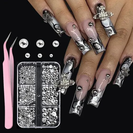 Pérolas Prateadas Meio Redondas para Arte em Unhas 3D, Tamanhos Variados, Pérolas Semicirculares de Plástico ABS com Bas