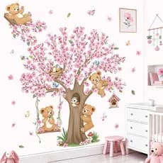 decalmile Adesivos de Parede com Animais da Floresta e Grande Árvore de Flor de Cerejeira, Adesivos de Parede com Urso e